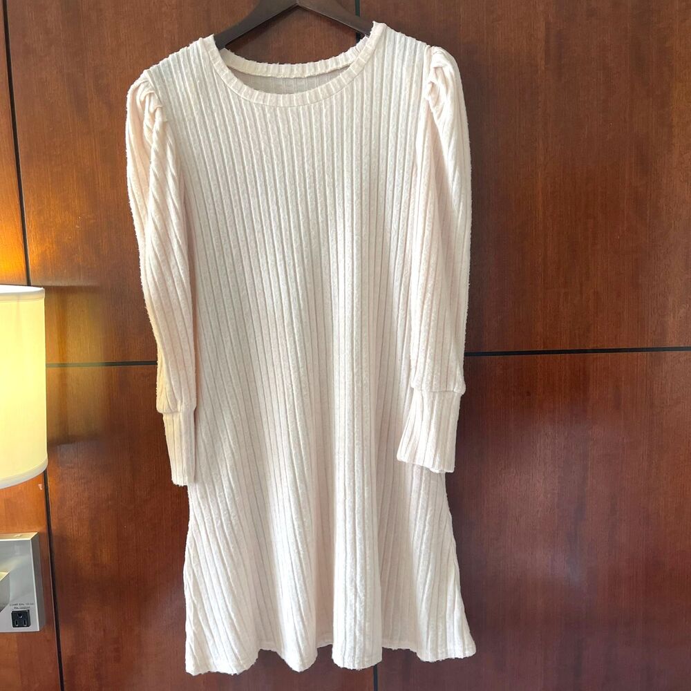 Women's Elegant Long-Sleeve Ribbed Knit Midi Fit & Flare Cream Spring Dress S - Picture 2 of 10